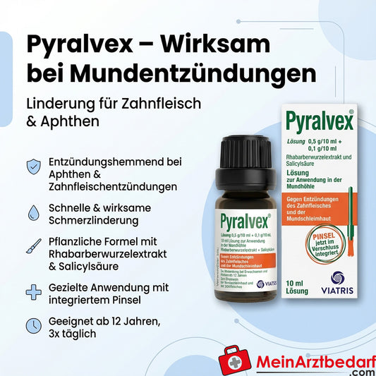 Pyralvex Solución Bucal y Garganta con Extracto Seco de Raíz de Ruibarbo y Ácido Salicílico Cepillo Aplicador 10 ml