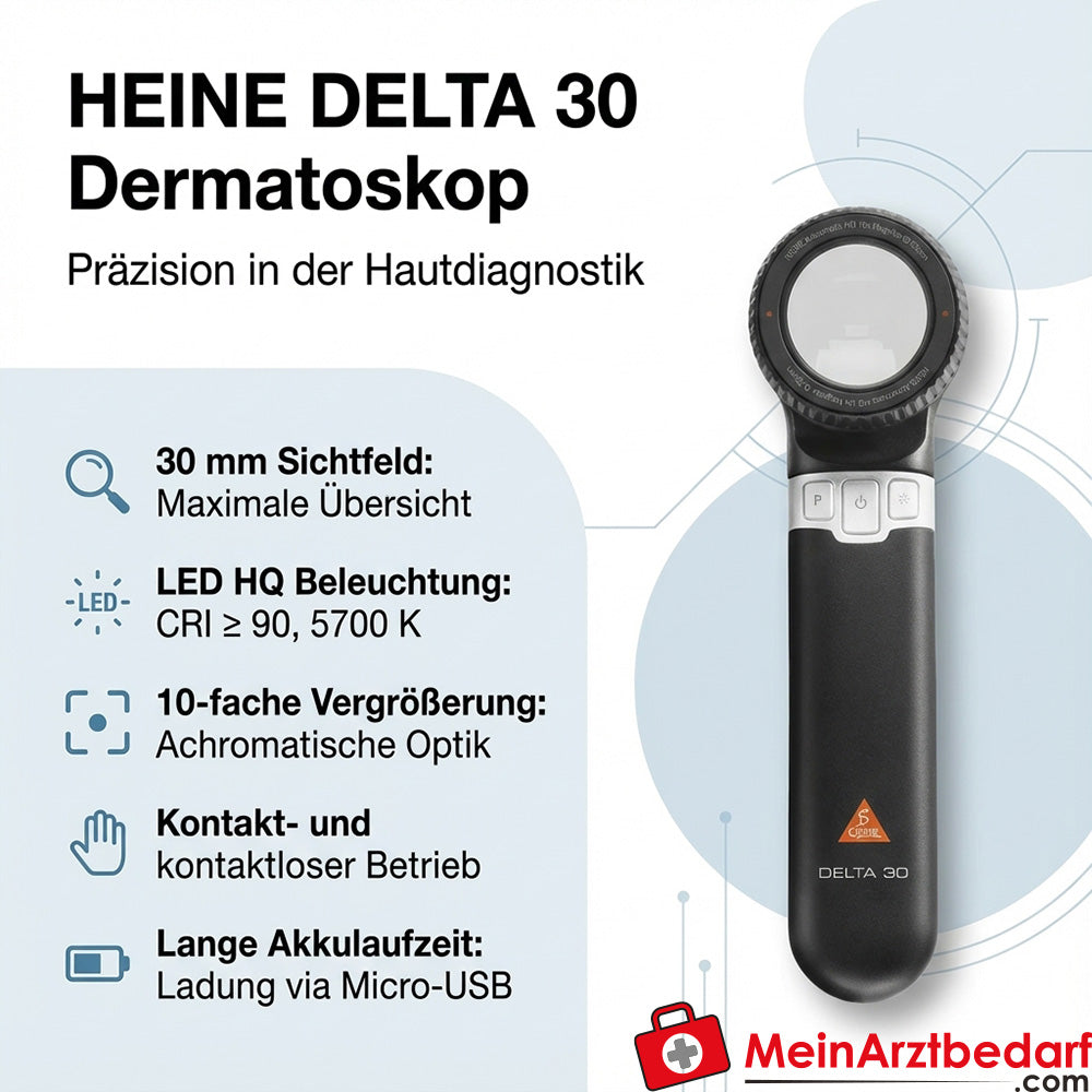 HEINE DELTA 30 Dermatoskop – LED HQ Dermatoskop mit 30 mm Sichtfeld und 10× Vergrößerung