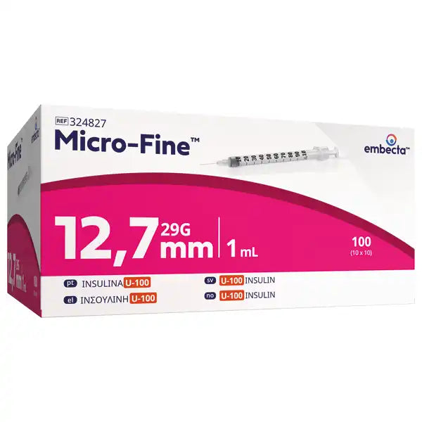embecta Micro-Fine Insulinspritzen U100, 1 ml mit Kanüle, 29G, 0,33 x 12,7 mm, 100 Stk..