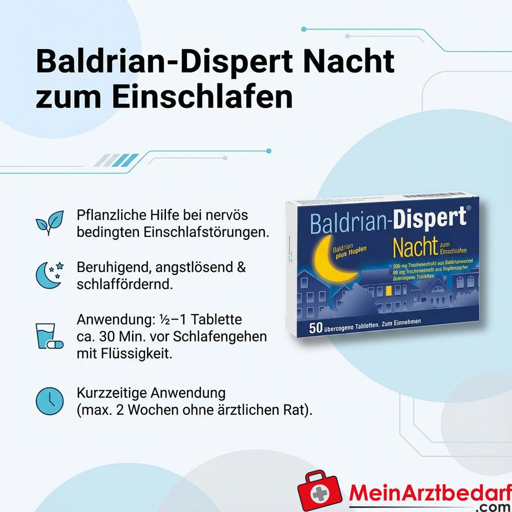 Compresse rivestite Baldrian-Dispert Notte per l'addormentamento, estratto secco di radice di valeriana / estratto secco di cono di luppolo, 50 pz.