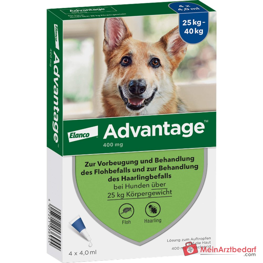 Advantage 400 Hund Imidacloprid 100 mg/ml Lösung zum Auftropfen 4 Pipetten Hunde 25–40 kg