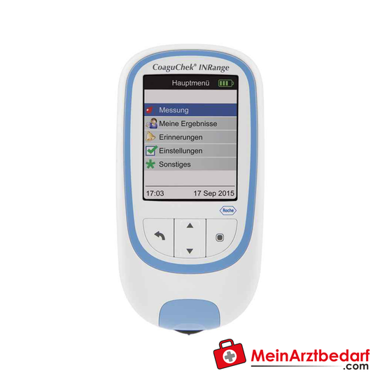 CoaguChek INRange Blutgerinnungsmessgerät mit Systemtasche.