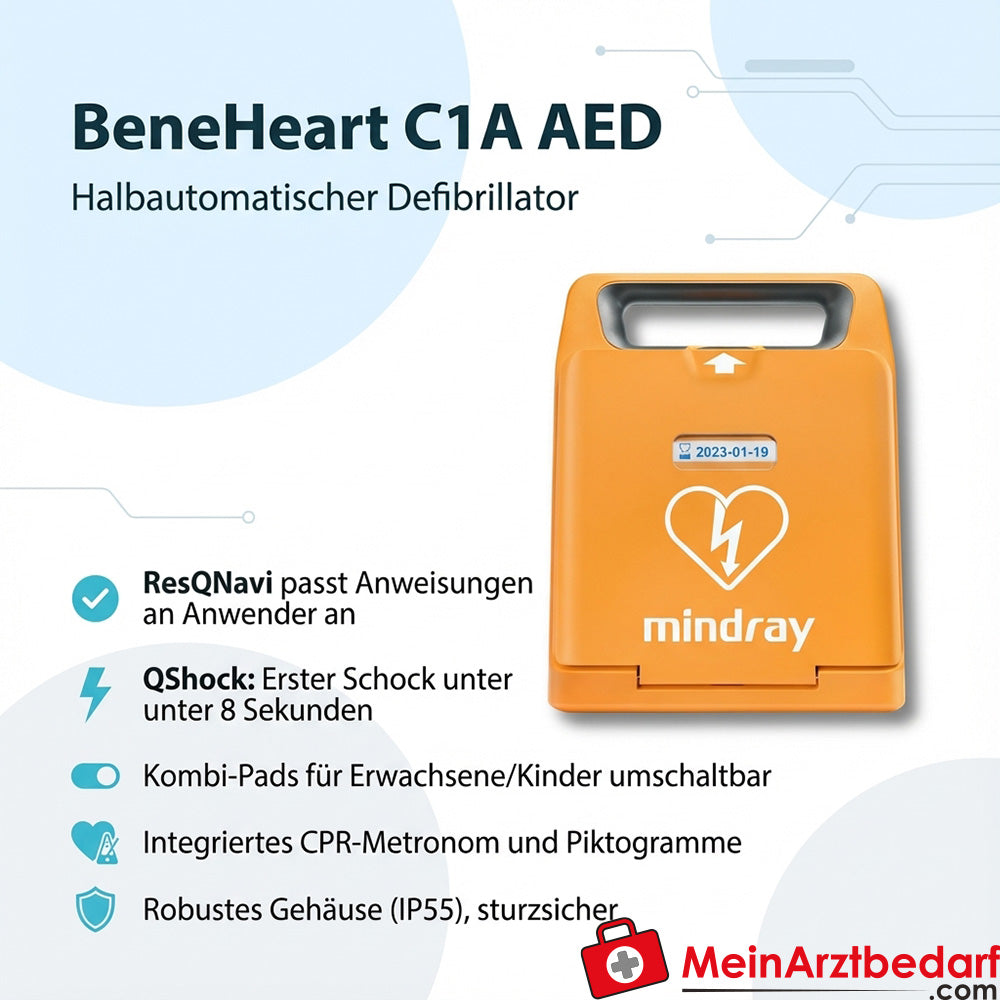Mindray BeneHeart C1A halbautomatischer externer Defibrillator (AED) ResQNavi QShock Kombi‑Pads IP55