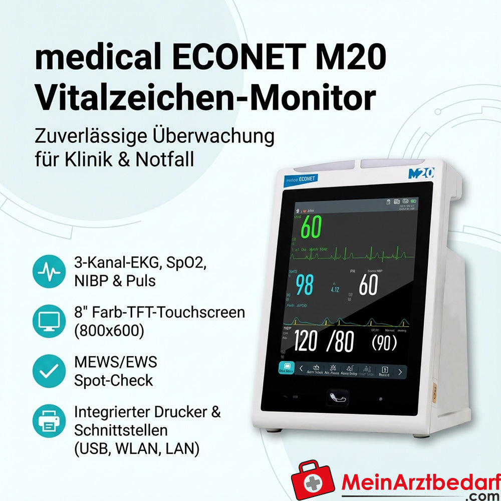medical ECONET M20 Vitalzeichenmonitor mit 3‑Kanal‑EKG und SpO2 Blutdruckmessung (NIBP)