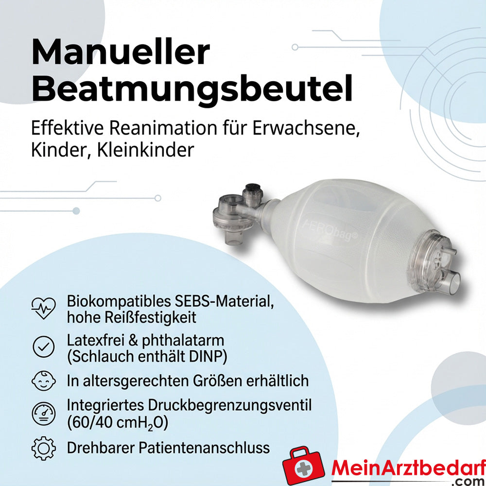 AEROBag Beatmungsbeutel-Set SEBS latexfrei für Erwachsene/Kind/Kleinkind Druckbegrenzung 60/40 cmH2O mit drehbarem Anschluss