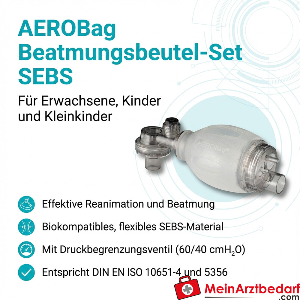 AEROBag Beatmungsbeutel-Set SEBS latexfrei für Erwachsene/Kind/Kleinkind Druckbegrenzung 60/40 cmH2O mit drehbarem Anschluss