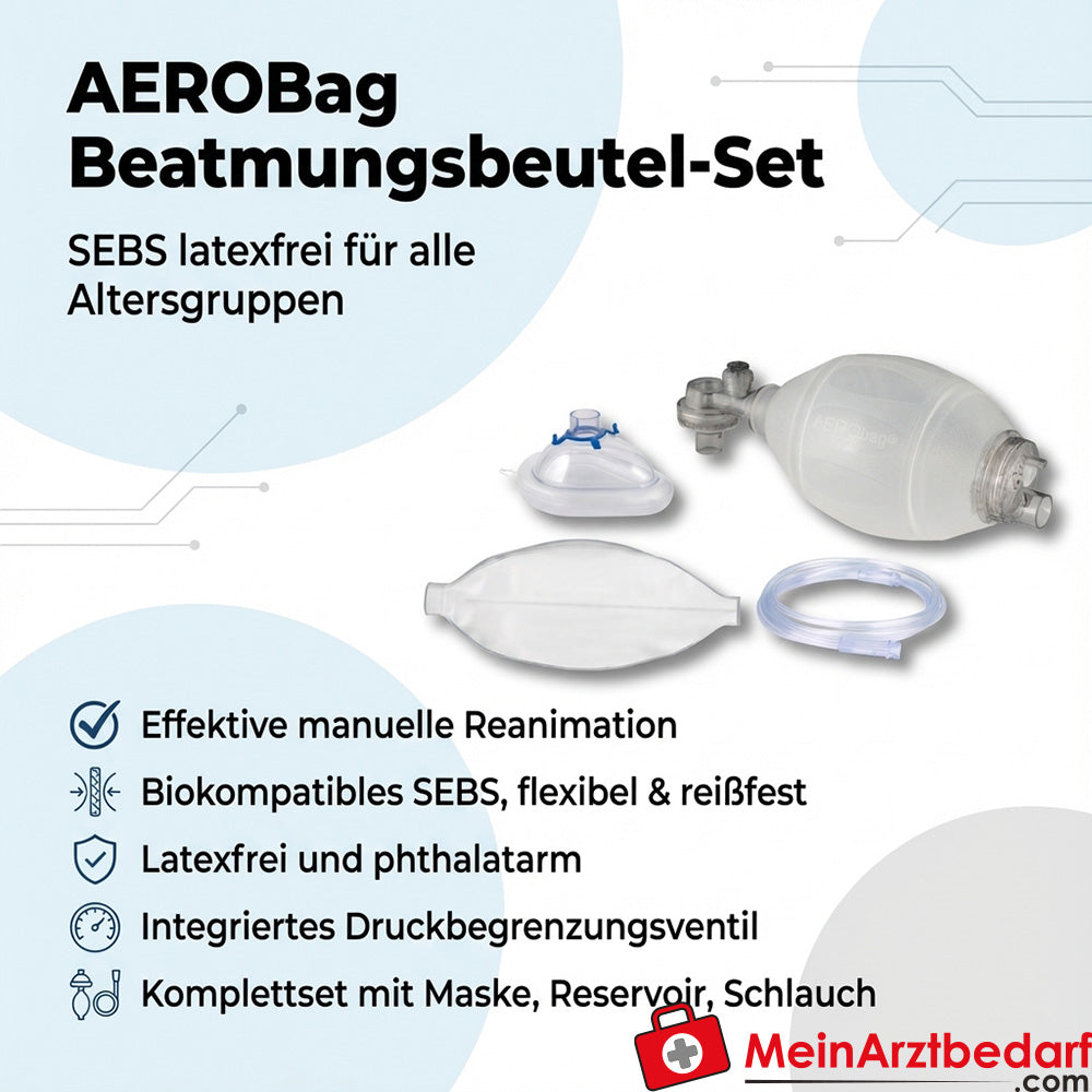 AEROBag Beatmungsbeutel-Set SEBS latexfrei für Erwachsene/Kind/Kleinkind Druckbegrenzung 60/40 cmH2O mit drehbarem Anschluss
