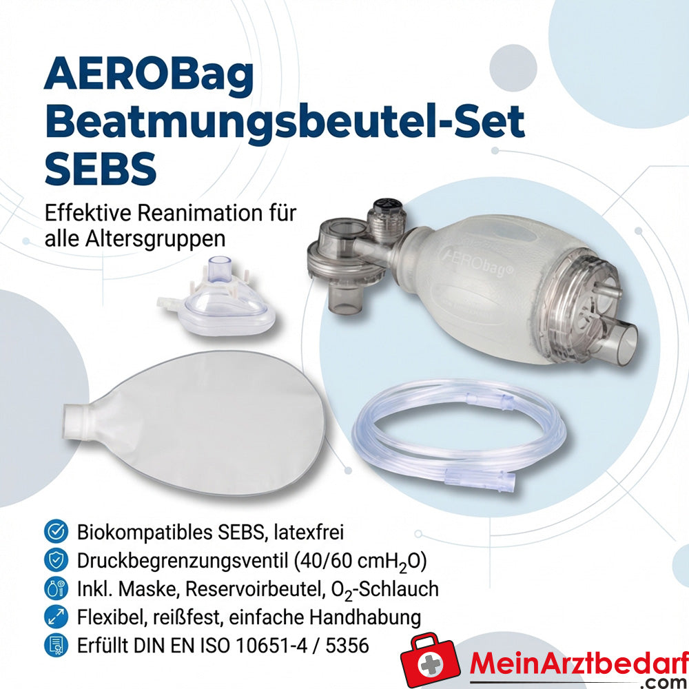 AEROBag Beatmungsbeutel-Set SEBS latexfrei für Erwachsene/Kind/Kleinkind Druckbegrenzung 60/40 cmH2O mit drehbarem Anschluss
