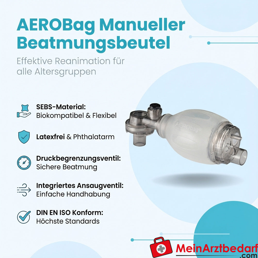 AEROBag Beatmungsbeutel-Set SEBS latexfrei für Erwachsene/Kind/Kleinkind Druckbegrenzung 60/40 cmH2O mit drehbarem Anschluss