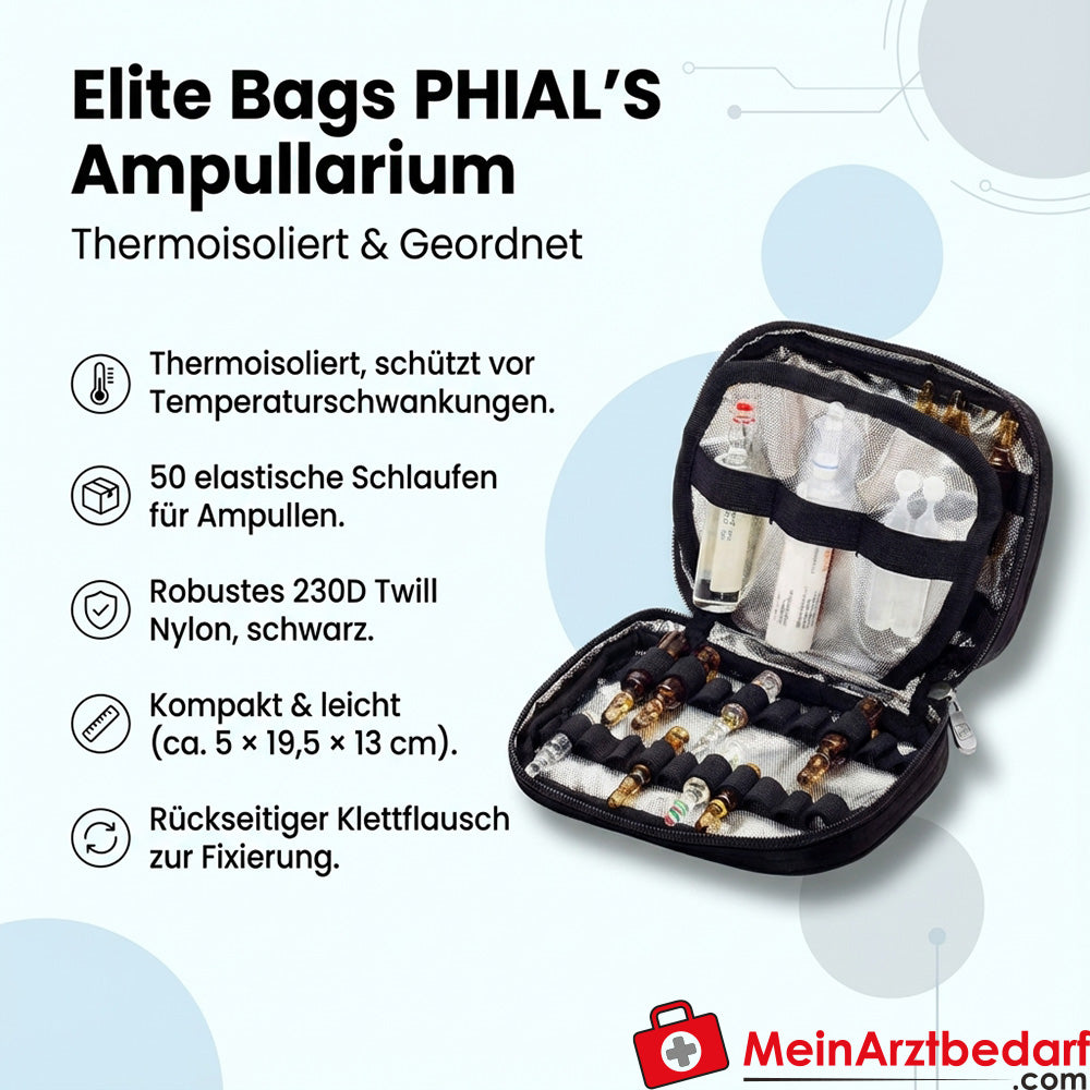 Elite Bags PHIAL'S Estuche para ampollas aislado térmicamente nylon 230D negro - 50 asas para ampollas (24 x 1-2 ml, 20 x 5-10 ml, 6 ampollas de punción)