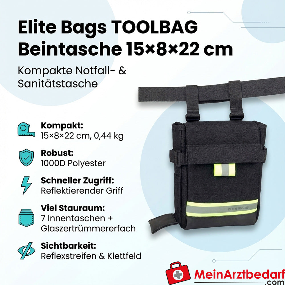 Elite Bags TOOLBAG sac à la jambe sac d'urgence 15×8×22 cm noir 1000D polyester avec compartiment pour marteau fond hypalon bandes réfléchissantes
