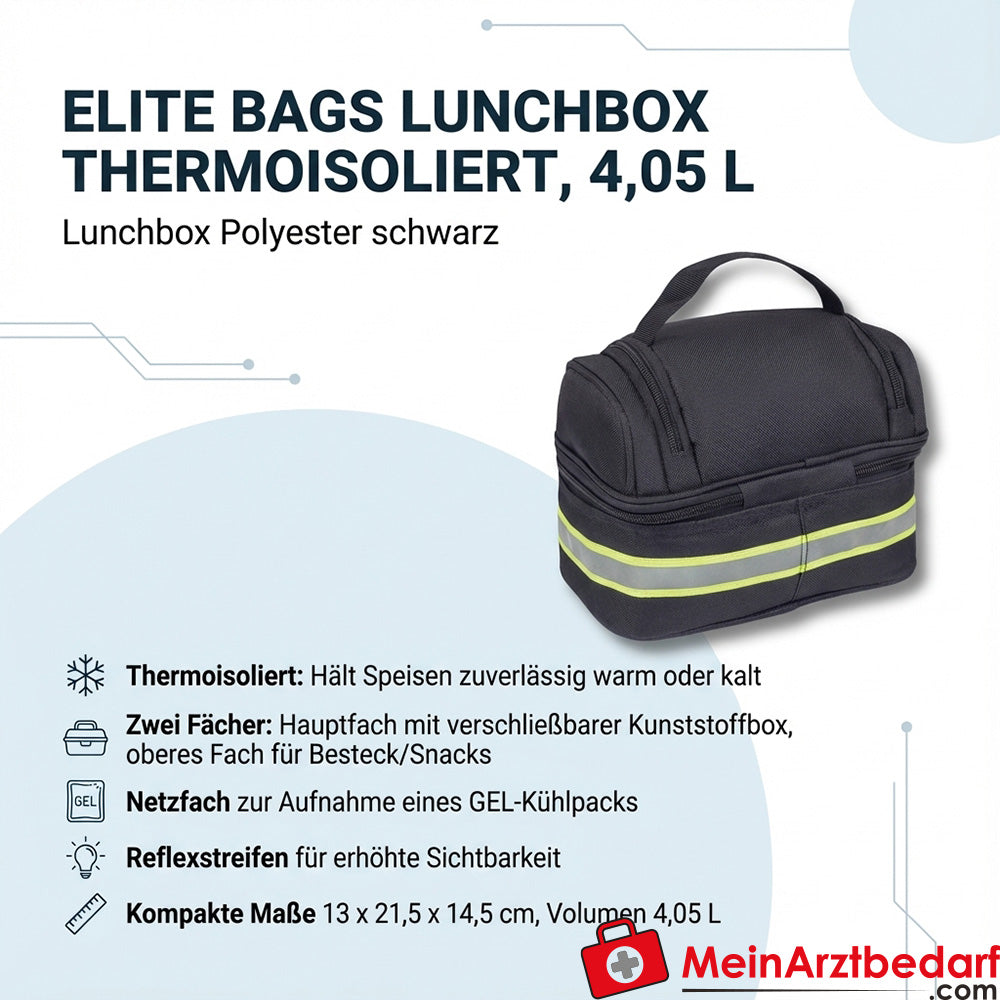 Elite Bags lunch box termoisolato da 4,05 L in poliestere nero 13 x 21,5 x 14,5 cm con scatola in plastica e strisce riflettenti