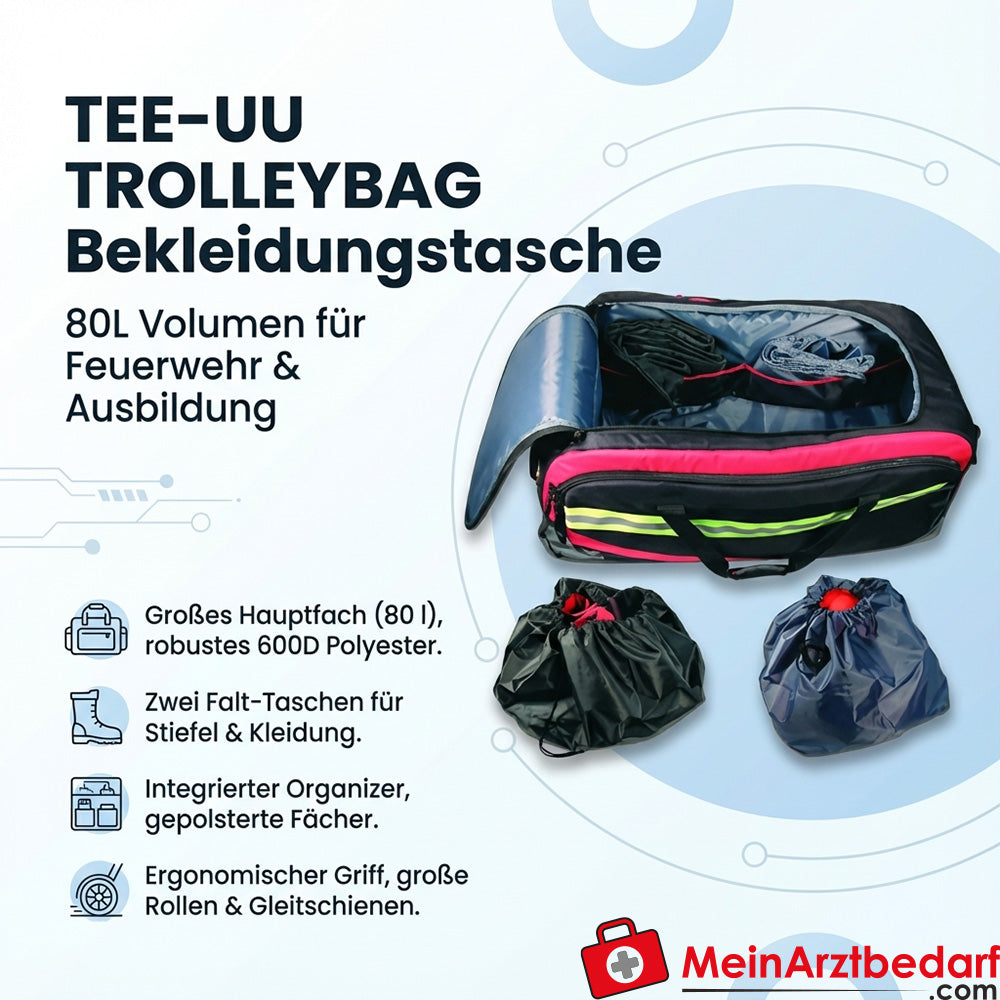 TEE-UU Trolleybag Bekleidungstasche 80 L Feuerwehr Tasche 600D Polyester Schwarz/Rot mit Rollen