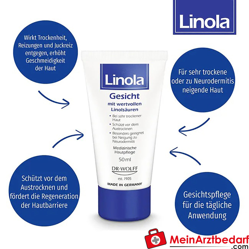 Linola Gesicht - Gesichtscreme für sehr trockene, juckende und gereizte Haut, 50ml.