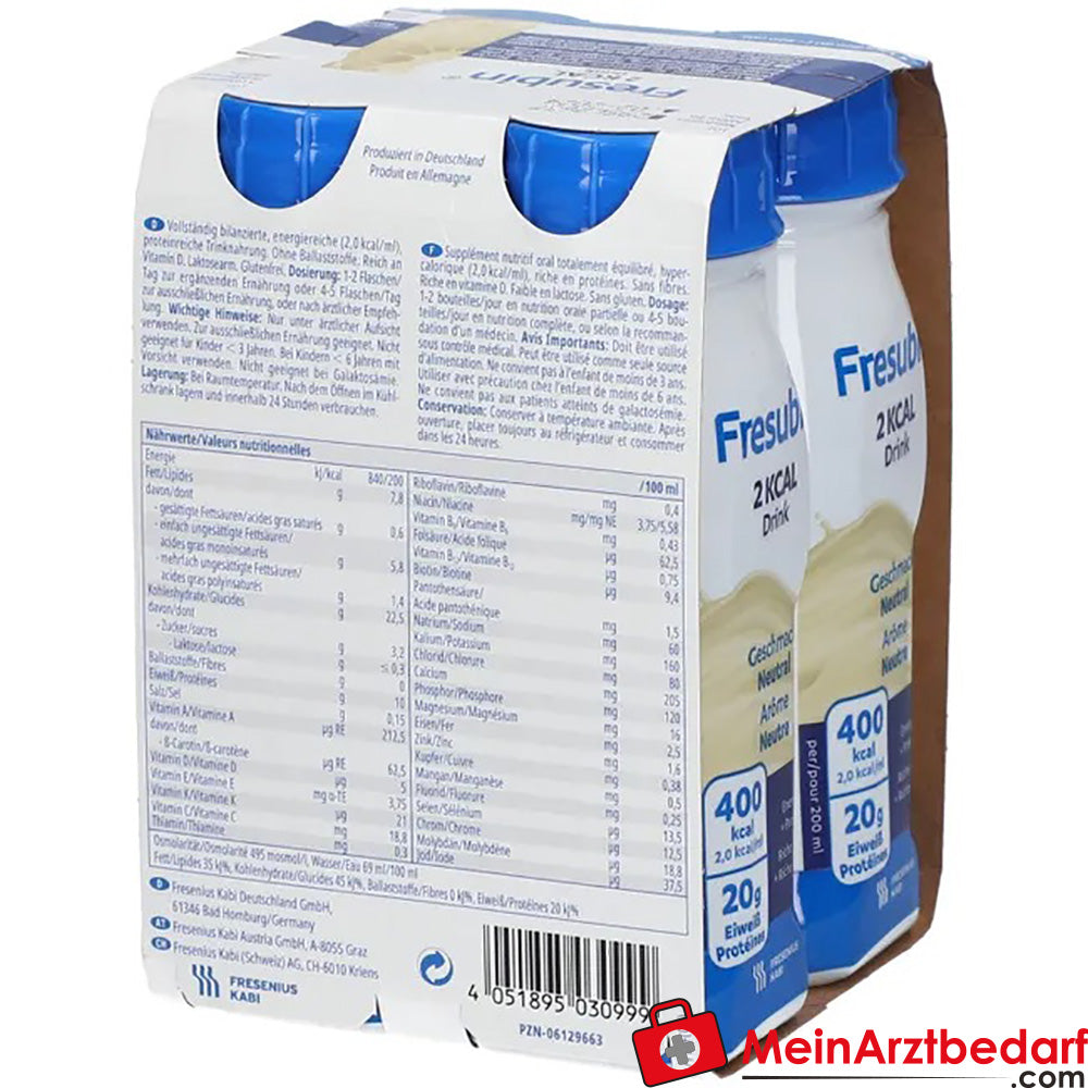 Fresubin 2 kcal Trinknahrung Neutral | Aufbaukost & Nahrung mit Vitamin D für mehr Energie, 4 x 200ml.