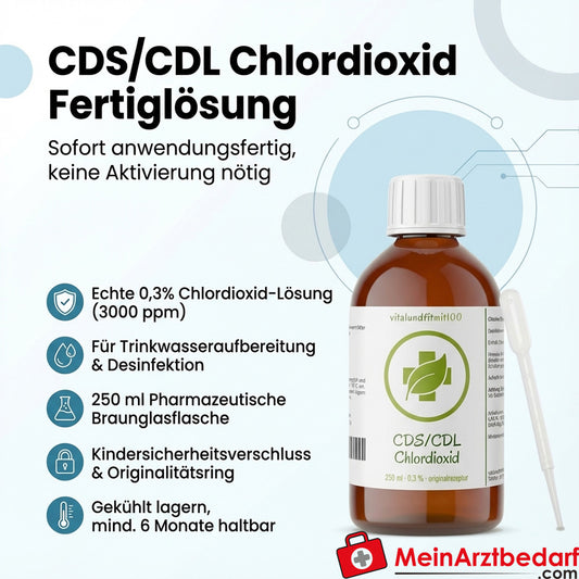 Chlordioxid-Fertiglösung 0,3% (3000 ppm) 250 ml Braunglasflasche mit Tropfer