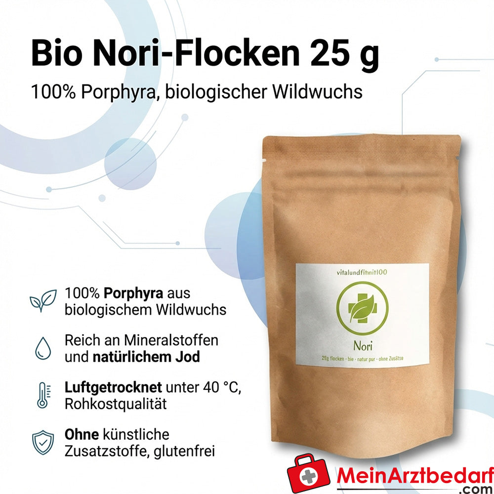 Fiocchi di nori (porphyra) biologici 25 g, qualità di cibo crudo a base di alghe, senza glutine
