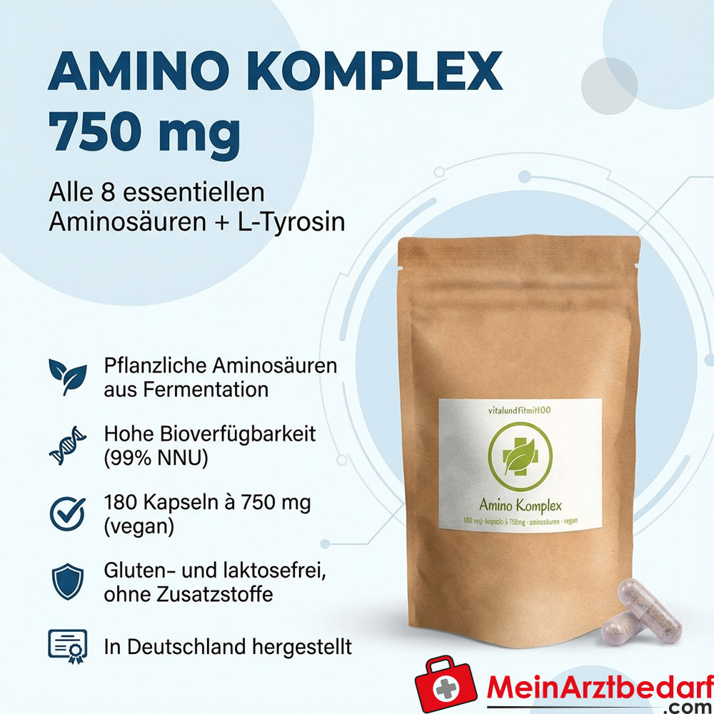 Amino Komplex 750 mg Kapseln, alle 8 essentiellen Aminosäuren + L‑Tyrosin, 180 Stück