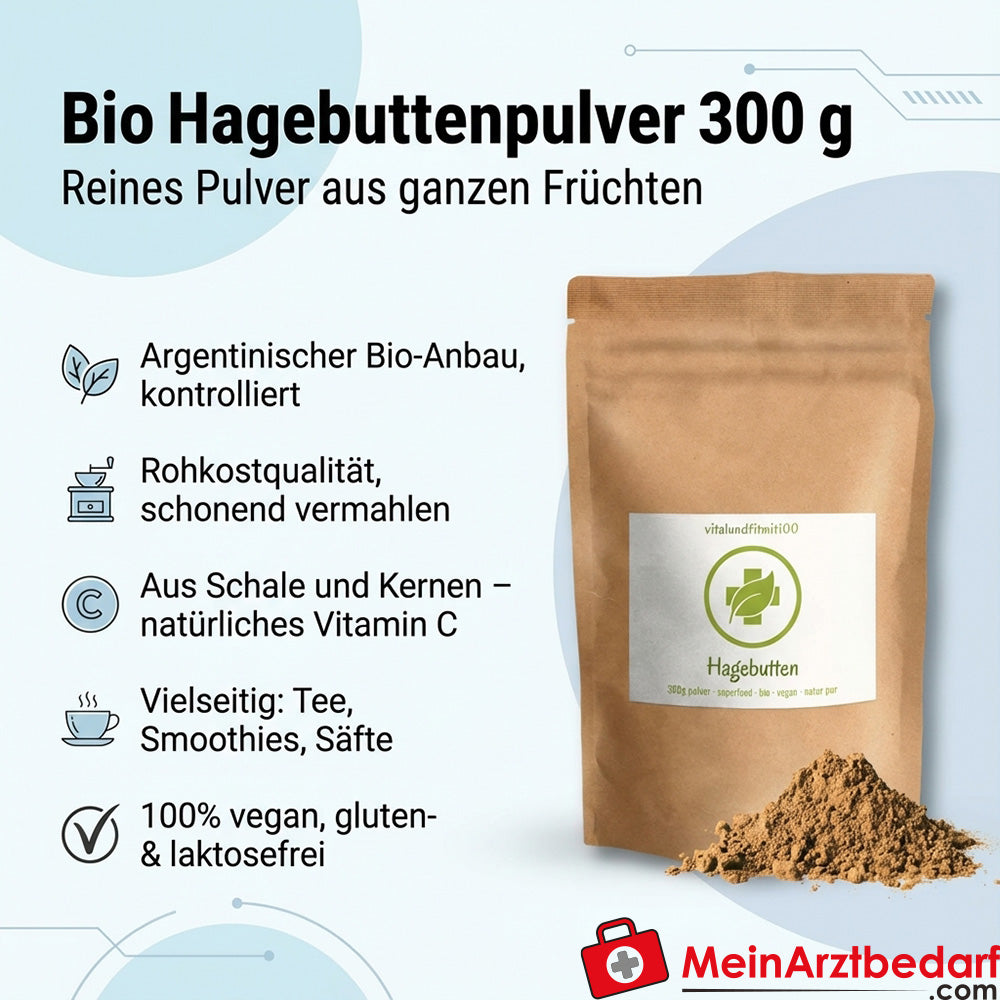 Polvere di rosa canina biologica 300 g, qualità alimentare cruda da frutti interi, vegan