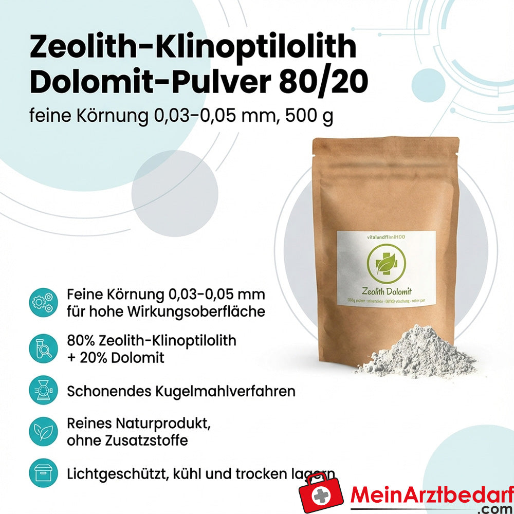 Zeolite-clinoptilolite dolomite in polvere 80/20, granulometria fine 0,03-0,05 mm, legante degli inquinanti, 500 g