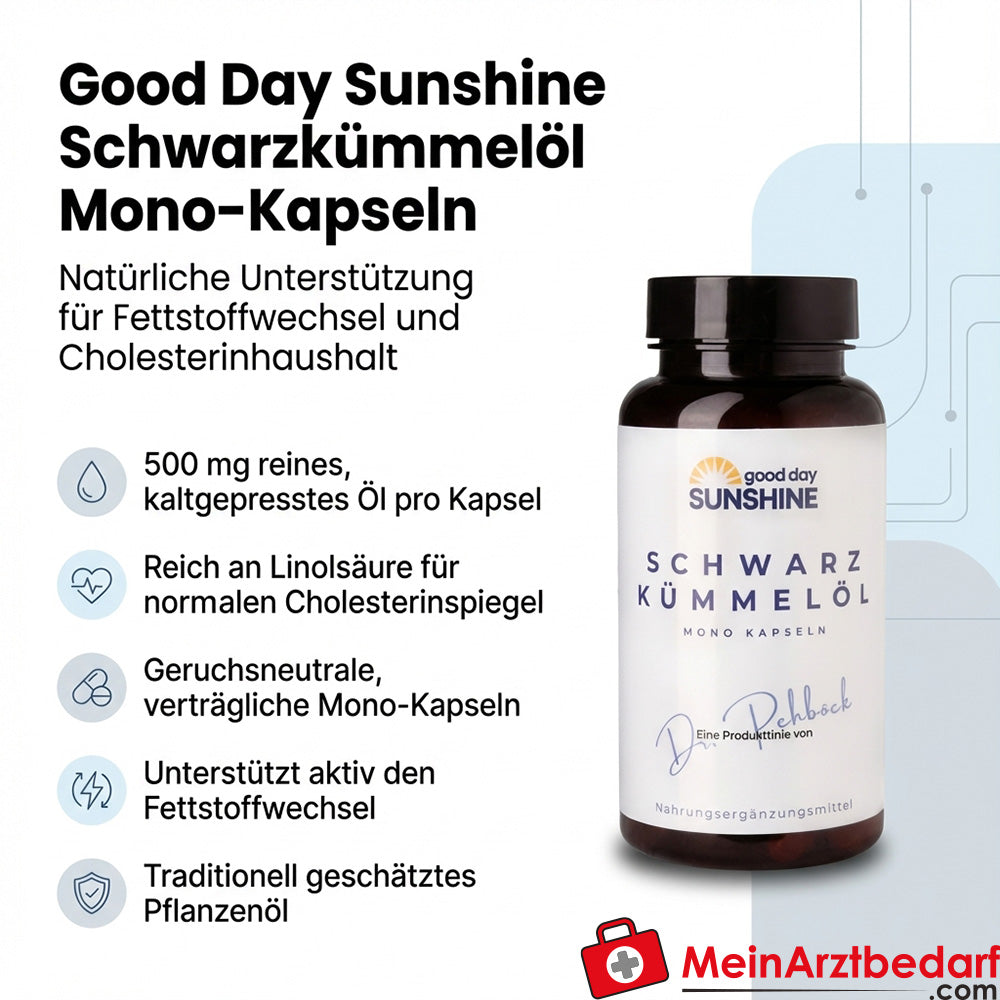 Capsule di olio di semi di cumino nero Good Day Sunshine - Supporto naturale per il metabolismo dei grassi e la consapevolezza del colesterolo (90 capsule)