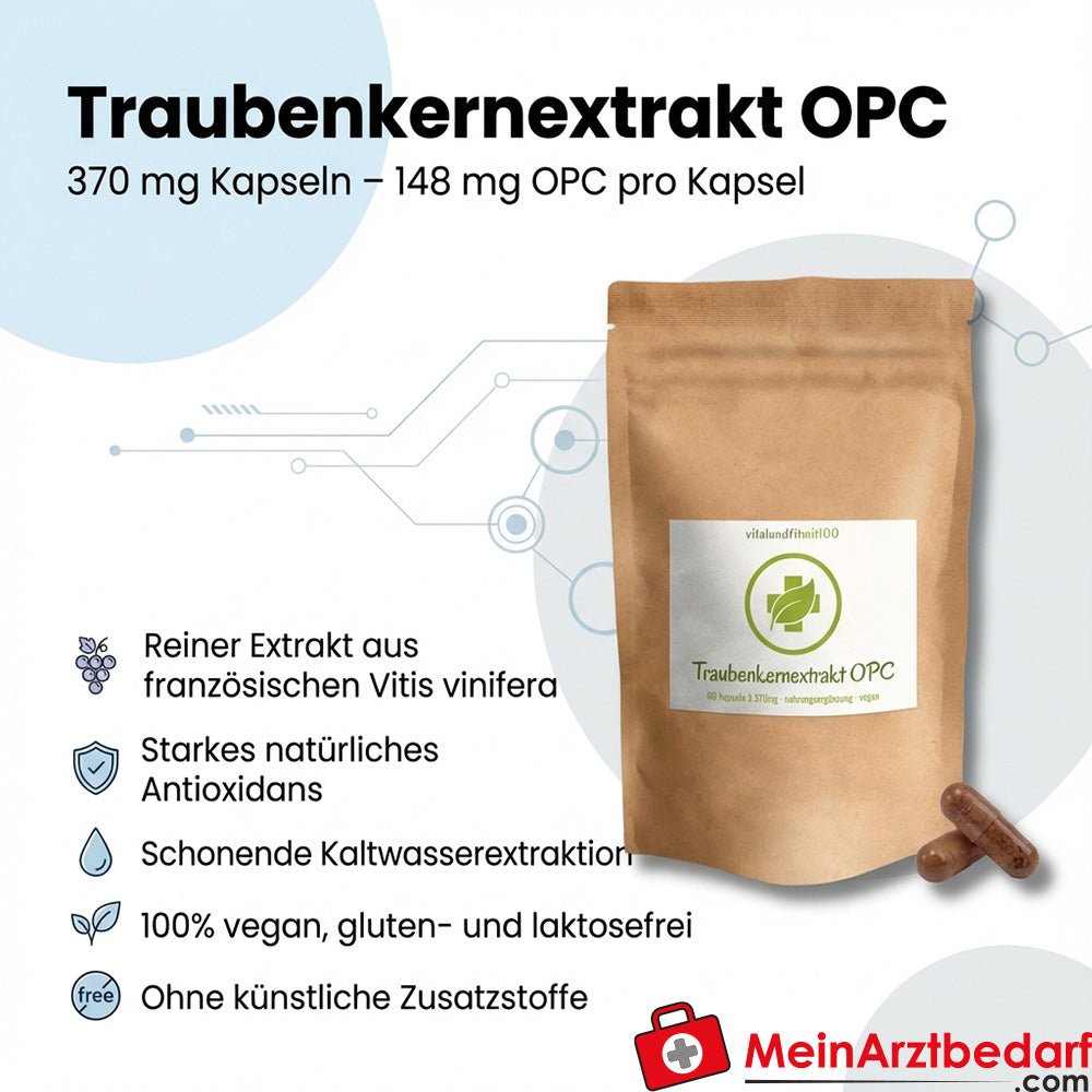 Ekstrakt z pestek winogron OPC 370 mg kapsułki 60 kapsułek, 148 mg OPC na kapsułkę, wegańskie