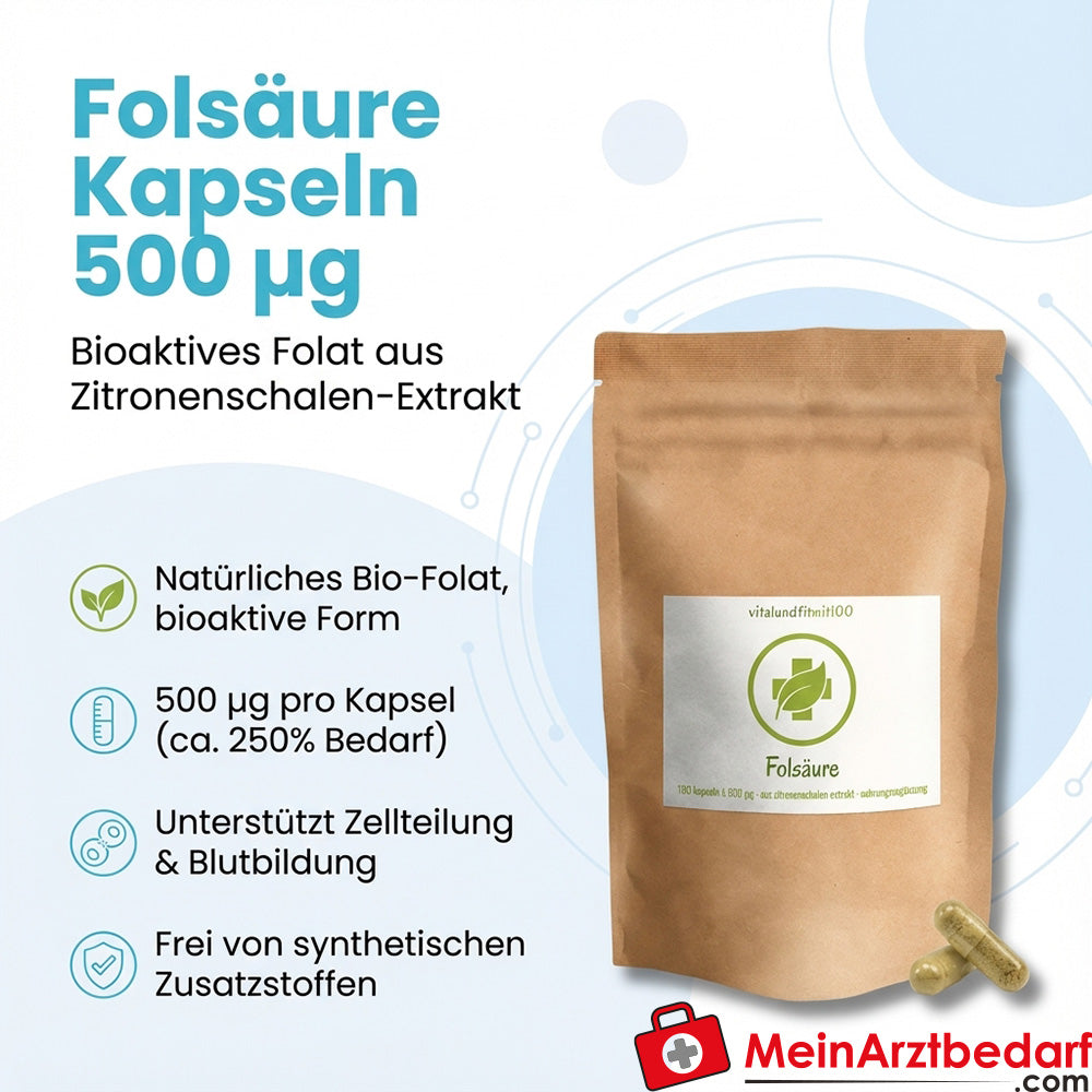 Folsäure Kapseln 500 µg bioaktives Folat aus Zitronenschalen‑Extrakt