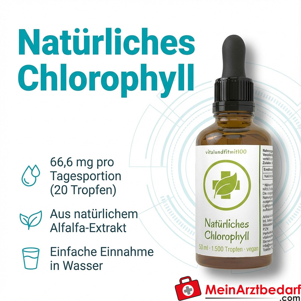 Natural chlorophyll (alfalfa extract) 66.6 mg per portion of drops 50 ml food supplement