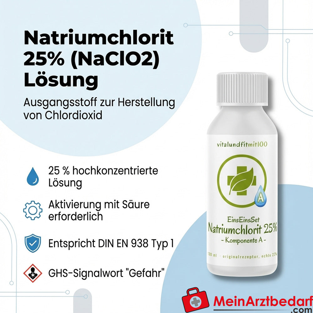25% roztwór chlorynu sodu (NaClO2) 100 ml butelka z zakraplaczem HDPE do produkcji dwutlenku chloru