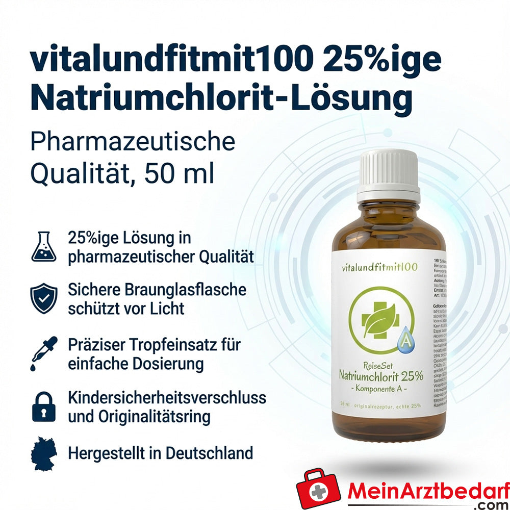 vitalundfitmit100 Sodium chlorite solution 25% 50 ml amber glass bottle with dropper insert