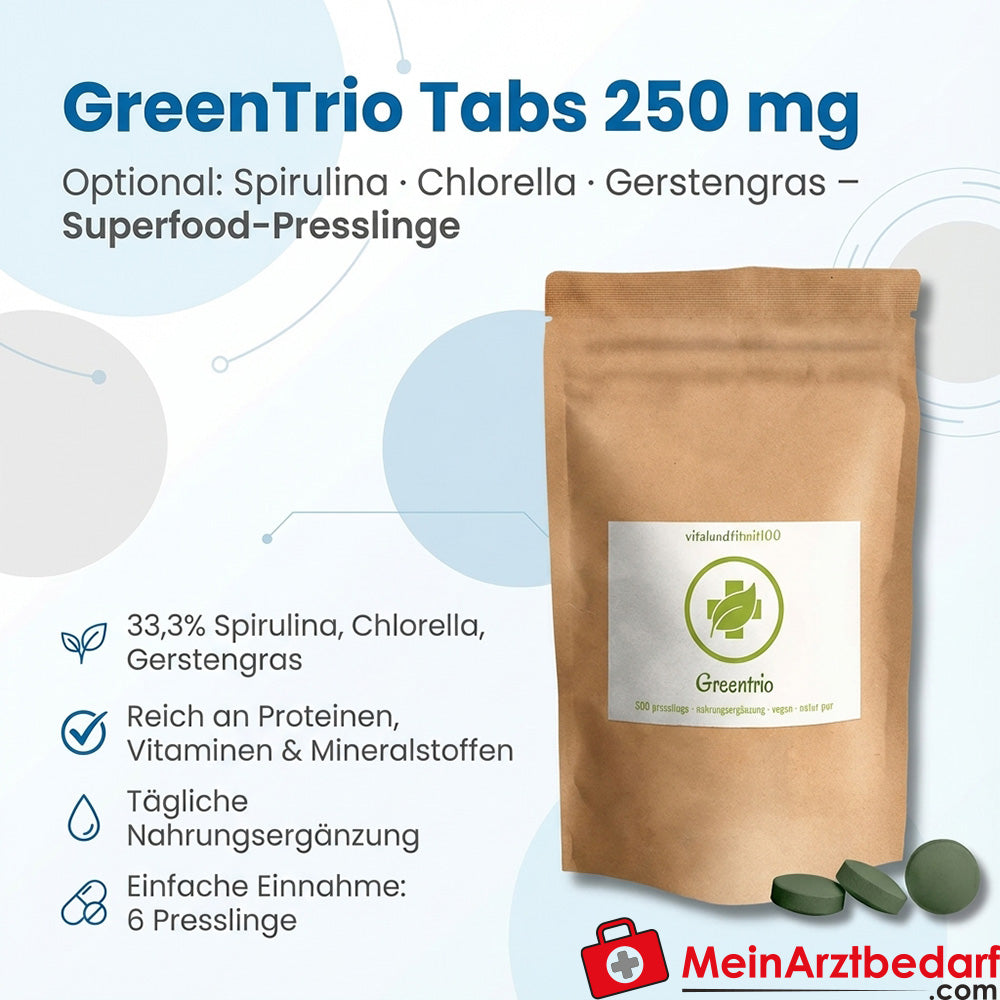 GreenTrio Tabs 250 mg granulatu spirulina/chlorella/trawa jęczmienna