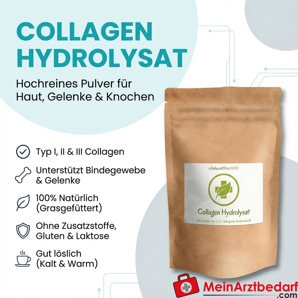Hydrolysiertes Collagen Pulver 500 g, Typ I/II/III, aus grasgefütterten Rindern