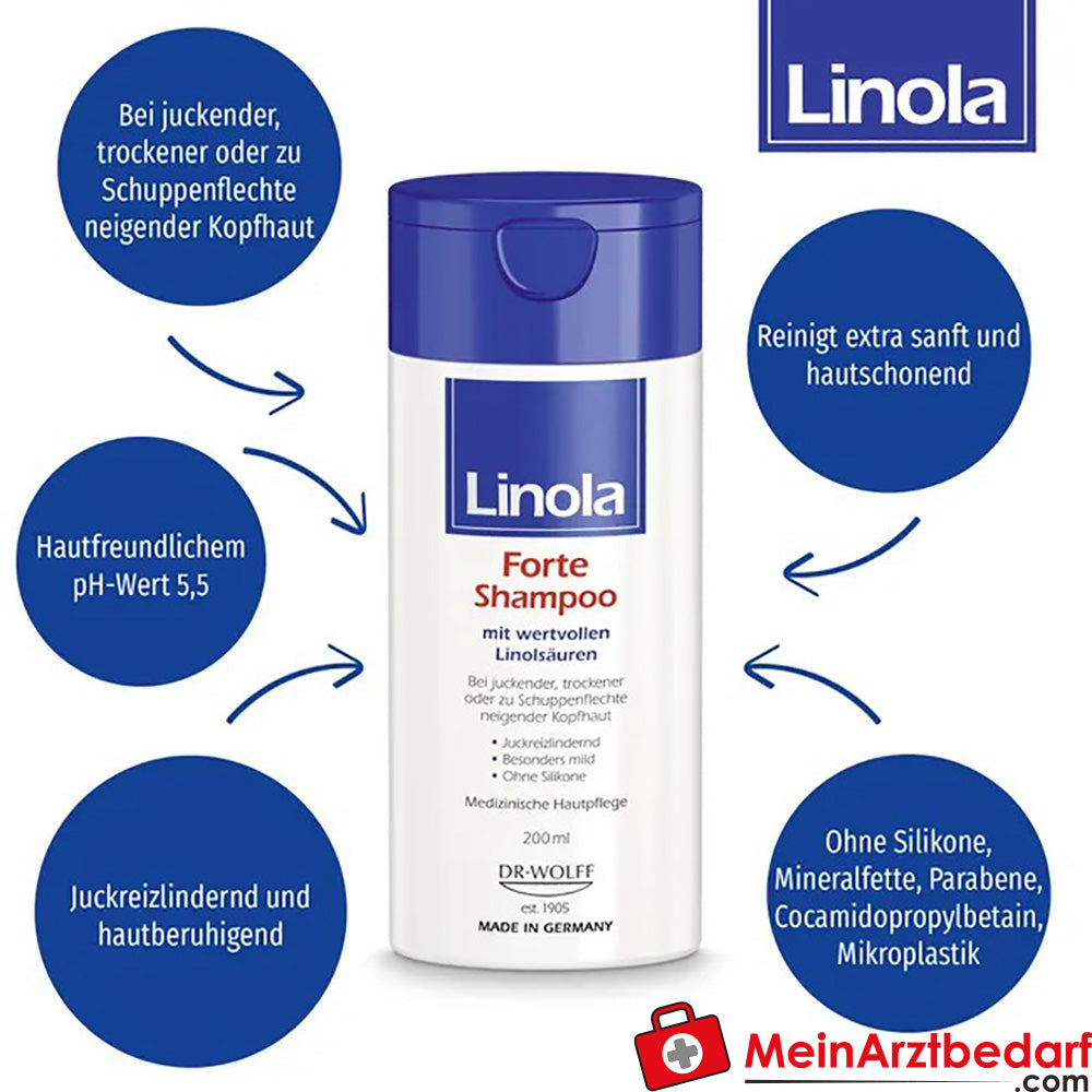 Linola Forte Shampoo - Haarpflege für juckende, trockene oder zu Schuppenflechte neigende Kopfhaut, 200ml.