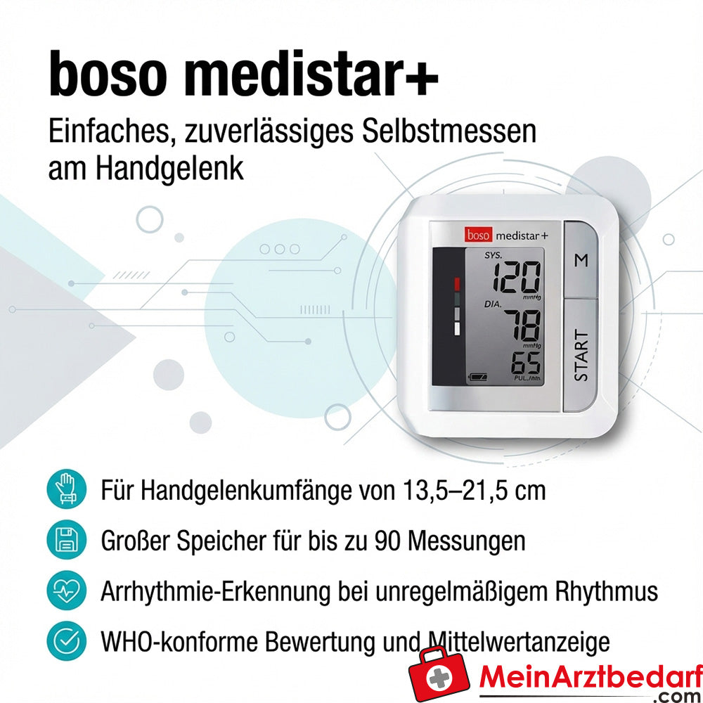 Boso medistar+ misuratore di pressione da polso 13,5-21,5 cm, 90 misurazioni, valore medio e rilevamento aritmie