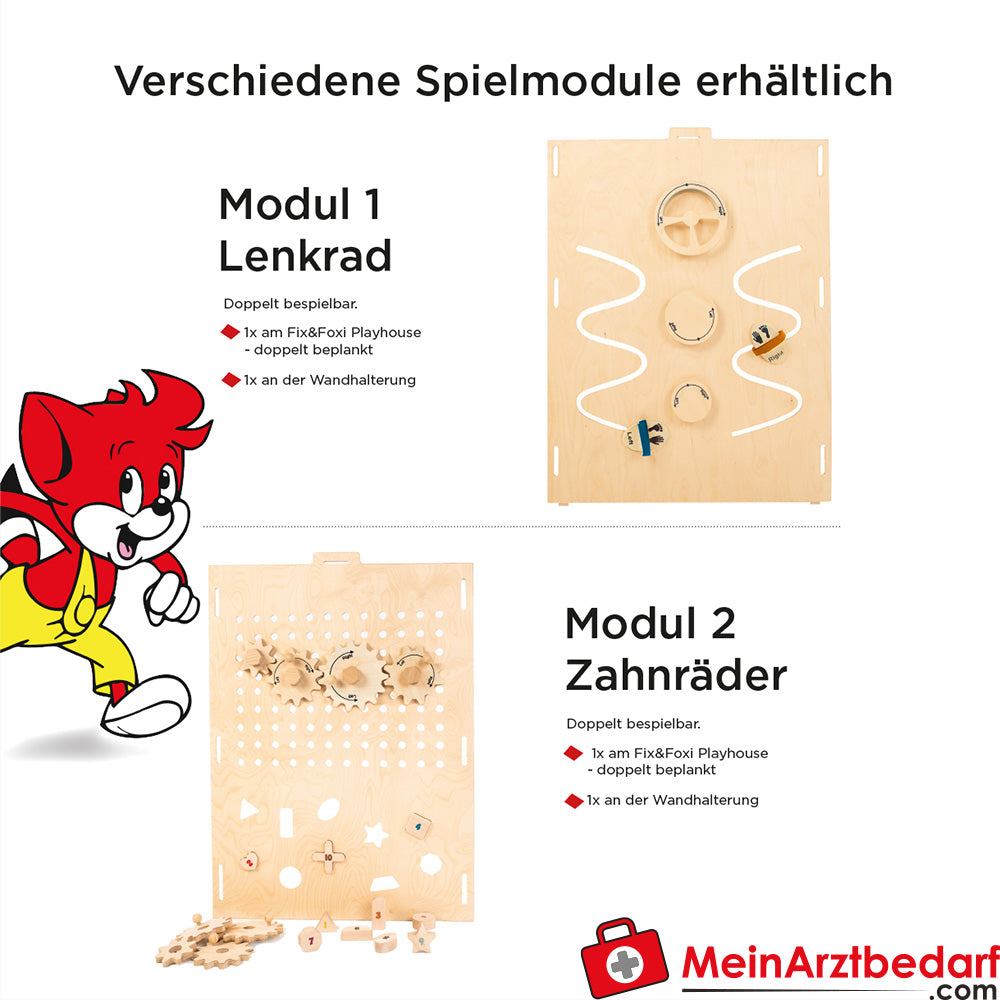 Fix & Foxi Playhouse Kinderspielhaus Vollholz modular TÜV-geprüft 119×90×80 cm.