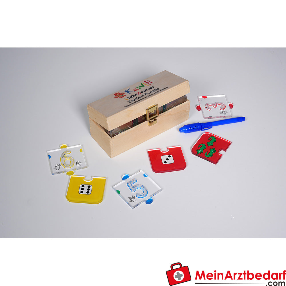 KuWiH LichtZauber Zahlen Puzzle in einer Holzbox mit Lichtstift.