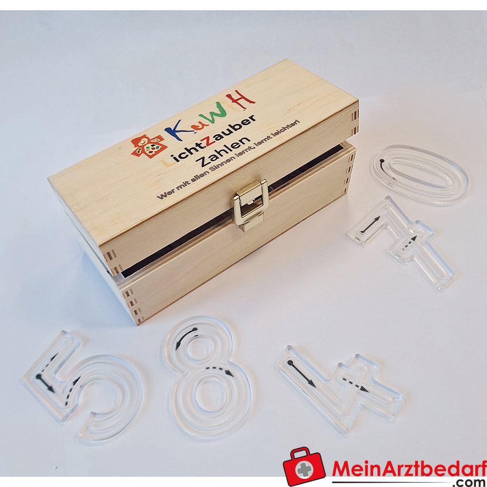 KuWiH LichtZauber Schablonen Zahlen von 0-10 in einer Holzbox mit Lichtstift.