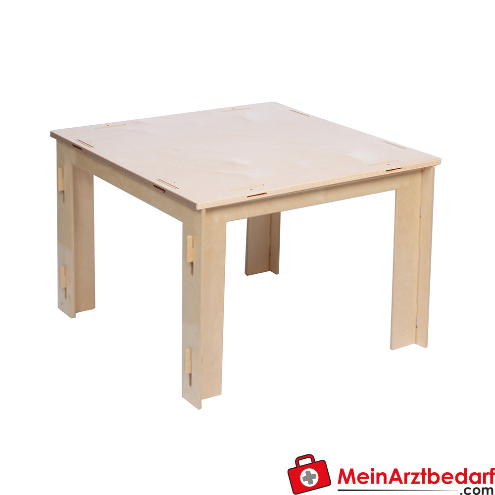 KuWiH Lernspieltisch Montessori aus Birkensperrholz mit 4 Leuchtflächen, Vollholz-Gestell, 75 x 75 x 46 cm.