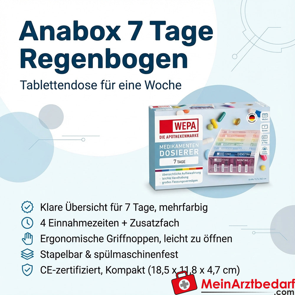 Anabox boîte à comprimés 7 jours arc-en-ciel avec 4 heures de prise et compartiment supplémentaire, 1 pièce