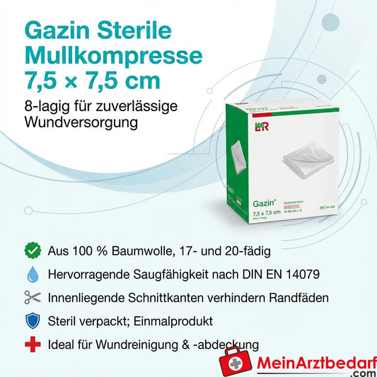 Compresse de gaze stérile Gazin 8 plis 7,5 x 7,5 cm 100% coton 25x2 pces