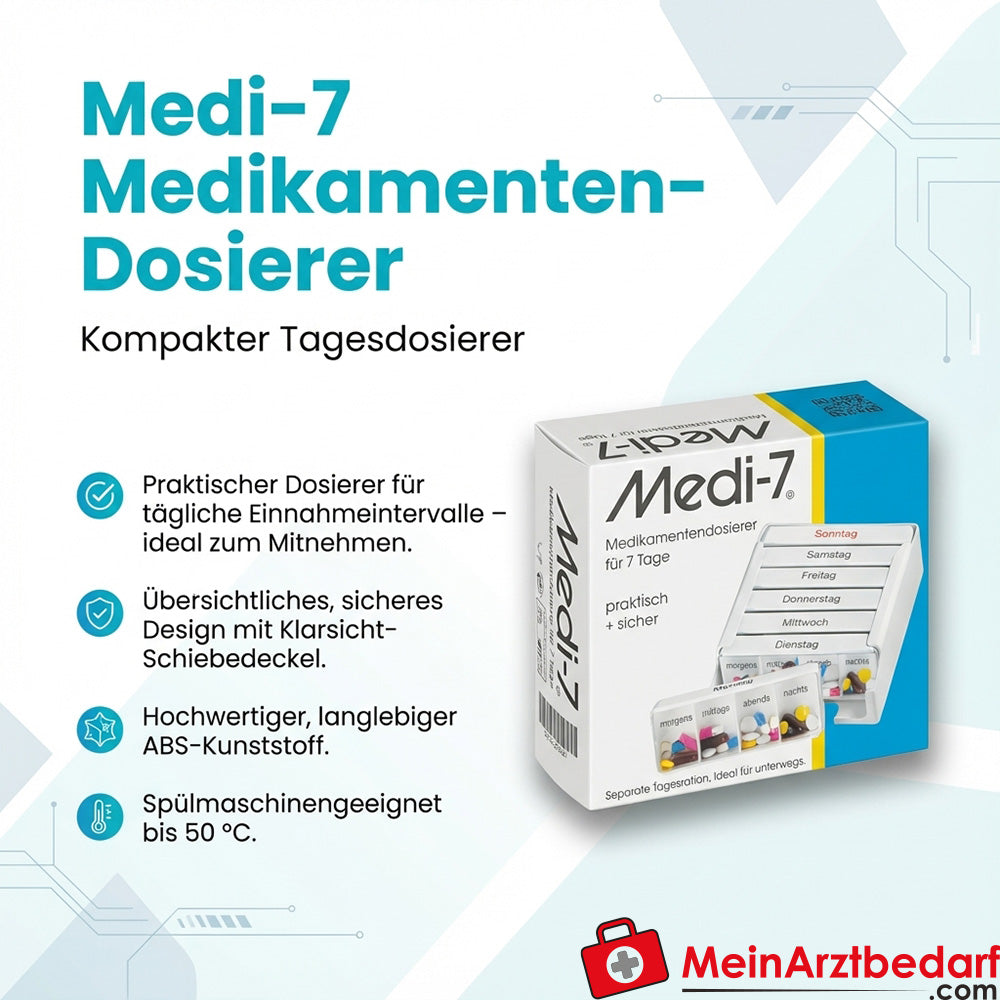 Dozownik leków Medi-7 z tworzywa ABS z przezroczystą przesuwaną pokrywą, 1 sztuka, kompaktowy 12,5×5,0×11,5 cm