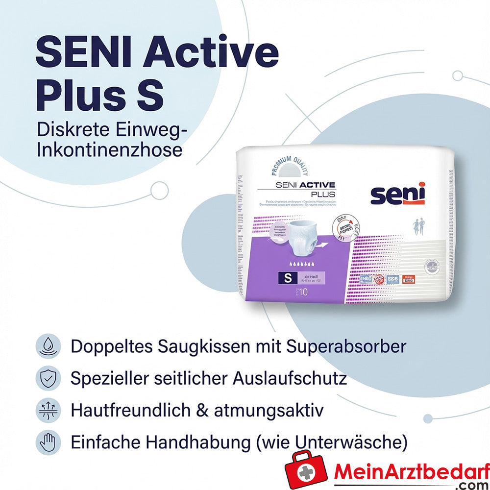 Jednorazowe majtki na nietrzymanie moczu Seni Active Plus rozmiar S oddychające ze wskaźnikiem wilgotności i boczną ochroną przed przeciekaniem