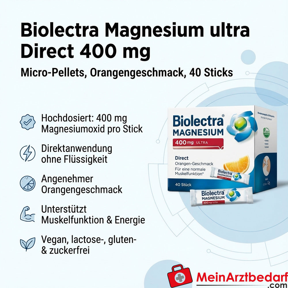 Biolectra Magnesium ultra Direct 400 mg Magnesiumoxid Micro‑Pellets Orange 40 Sticks