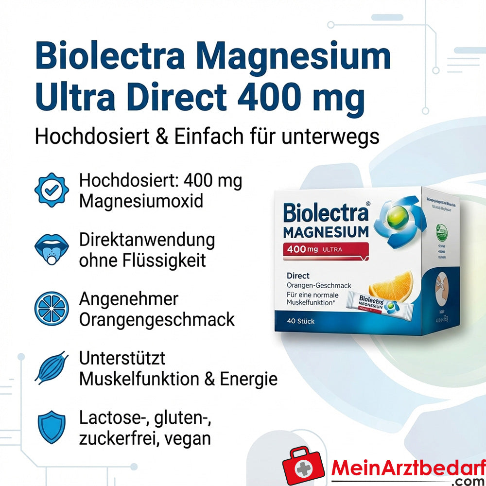 Biolectra Magnesium ultra Direct 400 mg Magnesiumoxid Micro‑Pellets Orange 40 Sticks