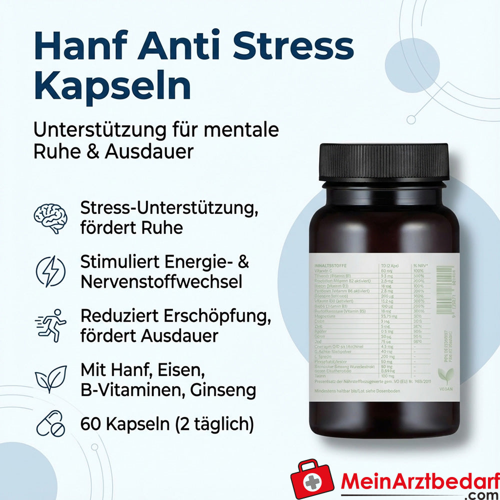 CBD VITAL Hanf Anti Stress Kapseln mit Eisen, aktivierten B‑Vitaminen und Sibirischem Ginseng 60 Kapseln