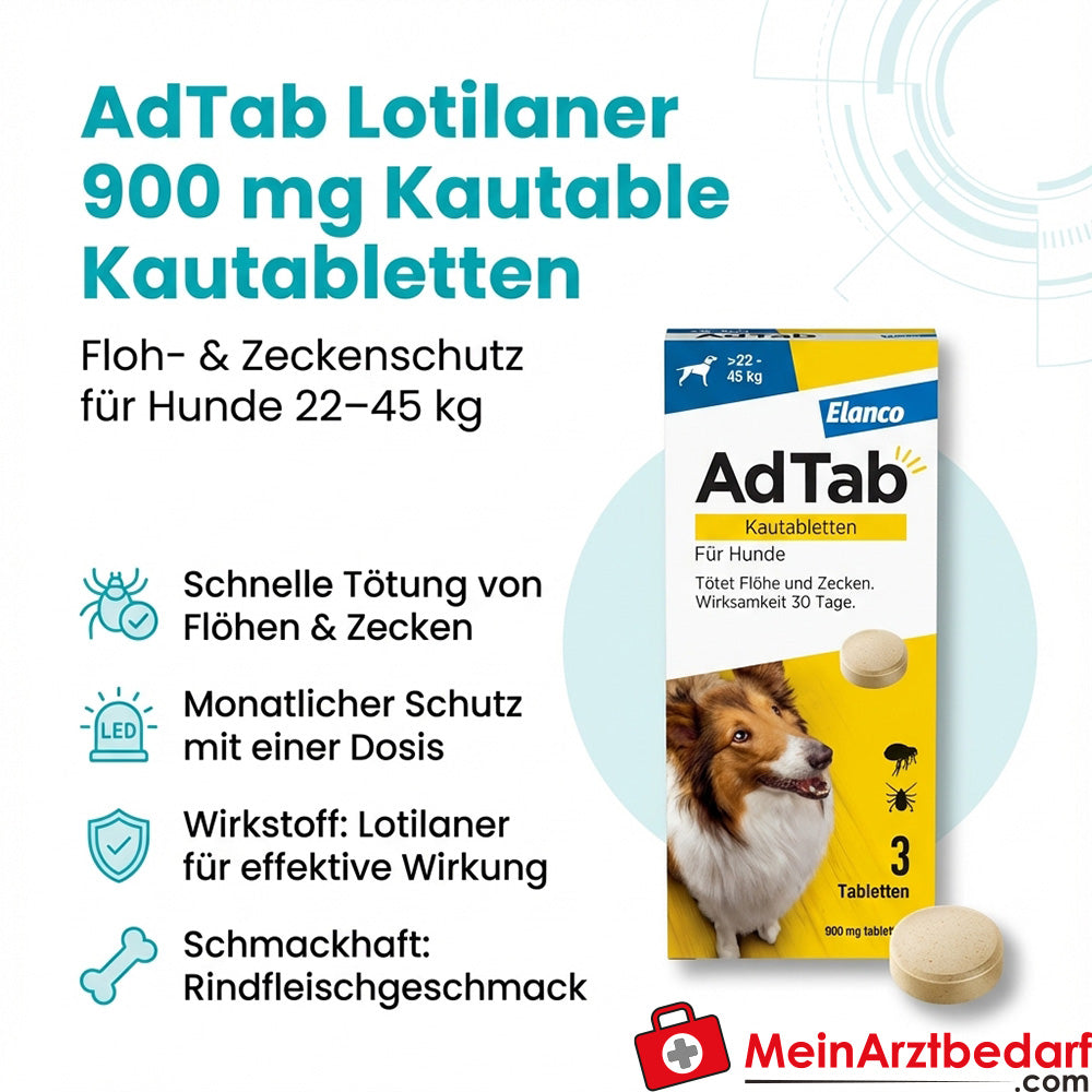 AdTab Lotilaner 900 mg Kautabletten 3 Stück für Hunde 22–45 kg