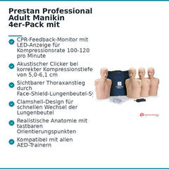 Prestan Professional Adult Manikin 4-Pack mit CPR-Feedback-Monitor, inkl. 50 Gesichtsschutz-Lungenbeuteln und Tragetasche.