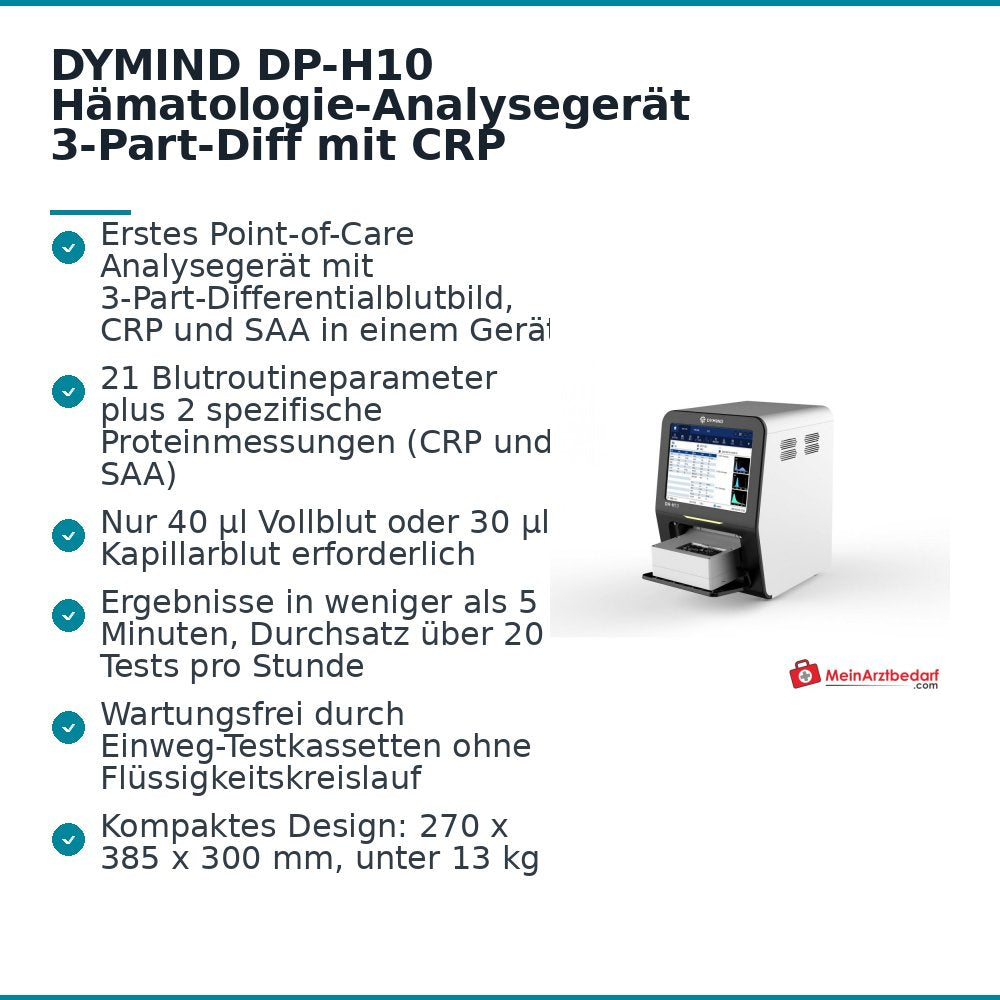 DYMIND DP-H10 Hämatologie-Analysegerät 3-Part-Diff mit CRP und SAA, 21 Parameter, 40 µl Probenvolumen.