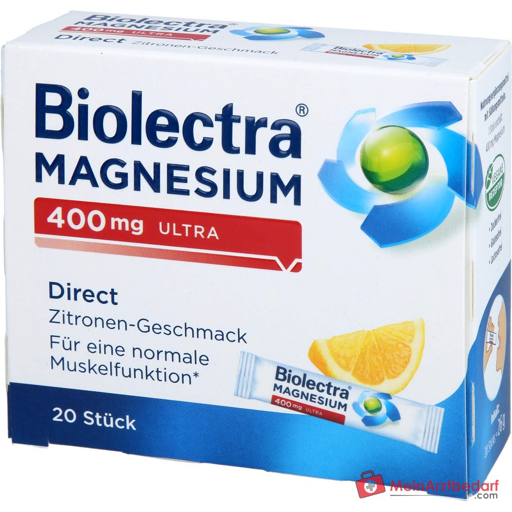 Hermes Biolectra Magnesium 400 mg Ultra Direct Zitronen-Geschmack Micro-Pellets, 20 Sticks.