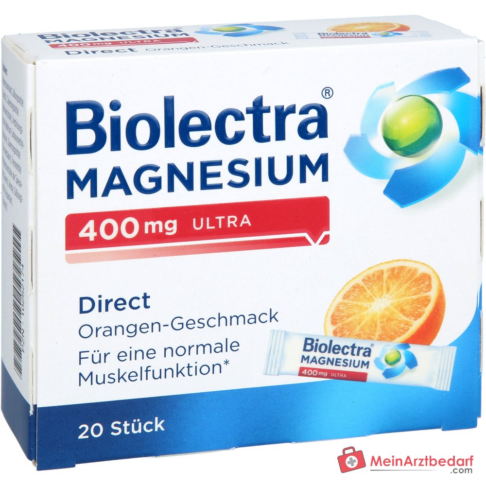Biolectra Magnesium 400 mg Ultra Direct Orange Magnesiumoxid Micro-Pellets, 20 Sticks.